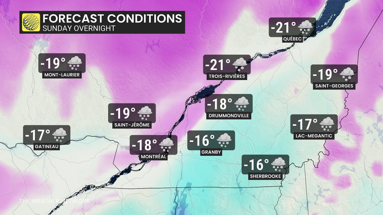 Quebec temperatures Sunday overnight