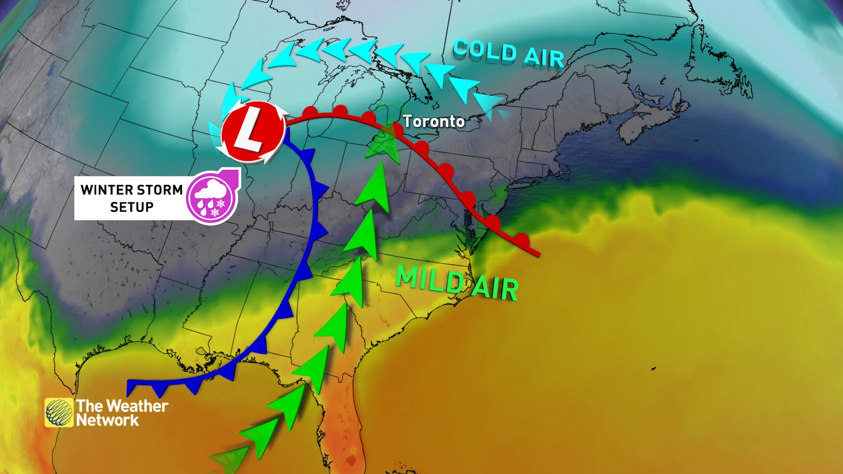 Southern Ontario winter storm setup, cold vs mild air - Feb. 10, 2025