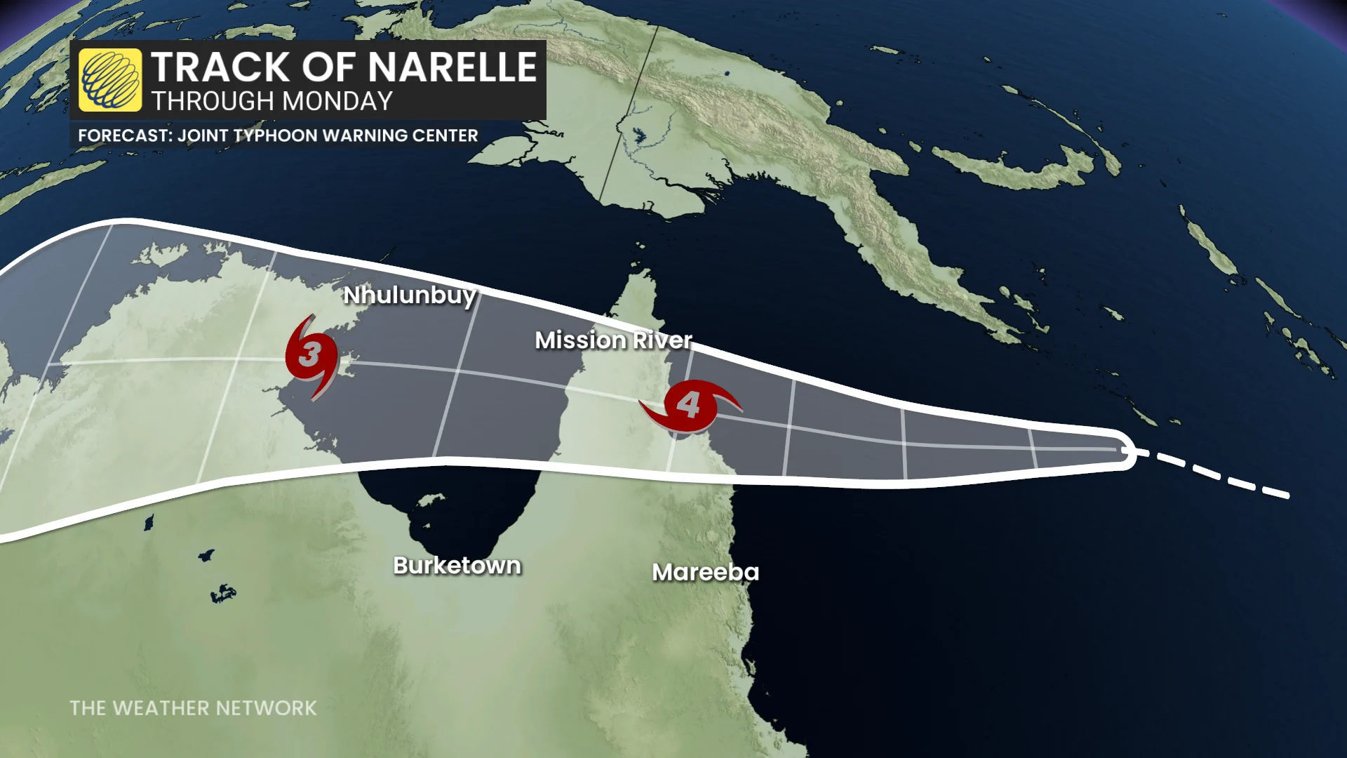 Cyclone Narelle forecast track through Monday