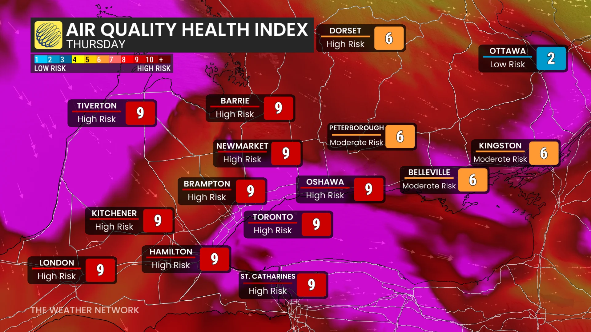 Baron - Air quality health index Ontario Thursday - July 16