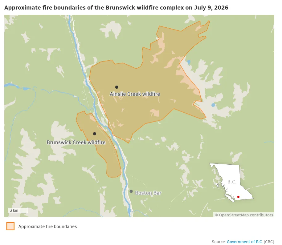 CBC - Approximate boundaries of Brunswick wildfire complex on July 9 2026
