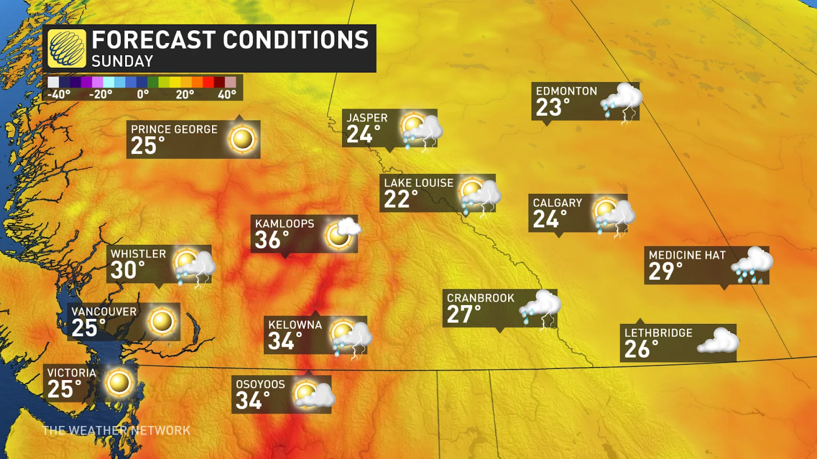 Western Canada temperatures Sunday August 4