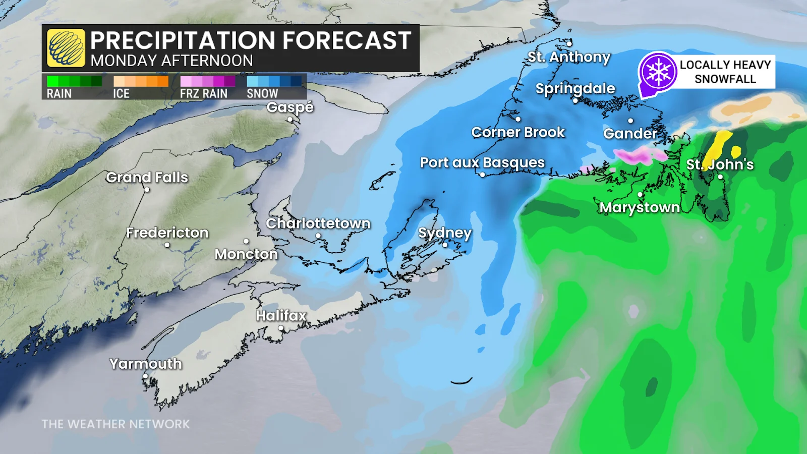 Atlantic Canada precipitation Monday afternoon