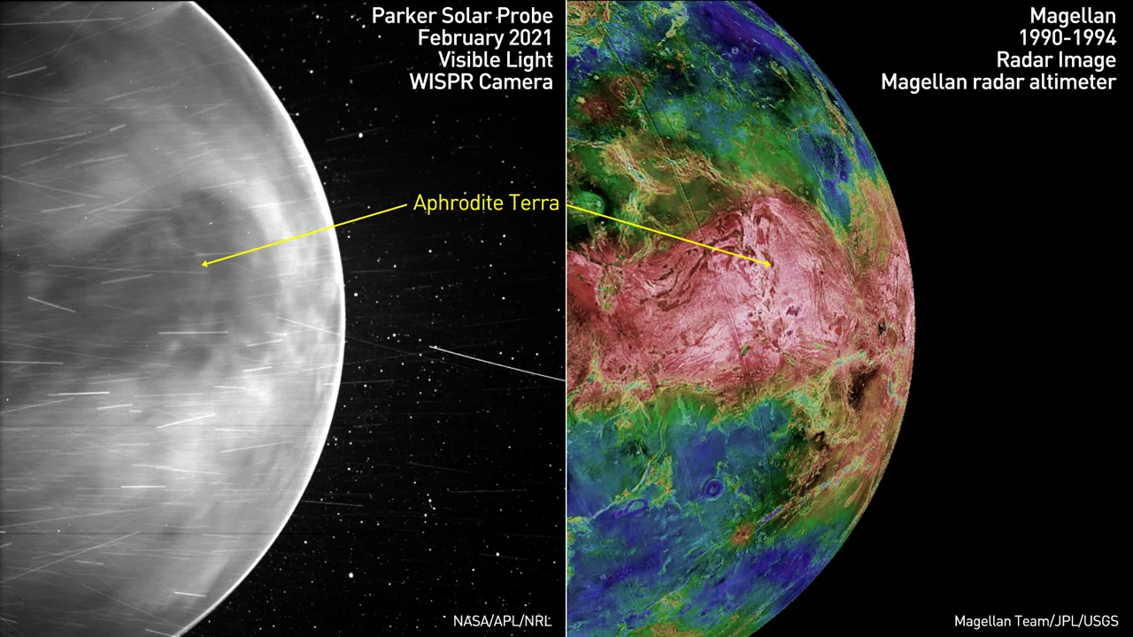 Venus surface compare WISPR 3rd flyby Magellan radar - NASA/APL/NRL/Magellan Team/JPL/USGS/Scott Sutherland