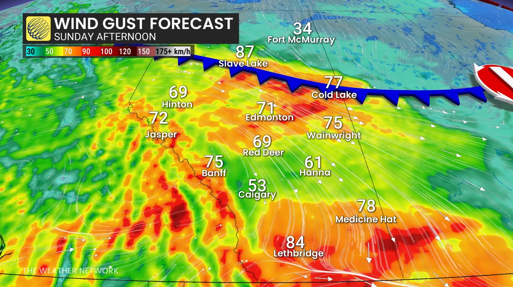 Alberta wind gusts Sunday afternoon