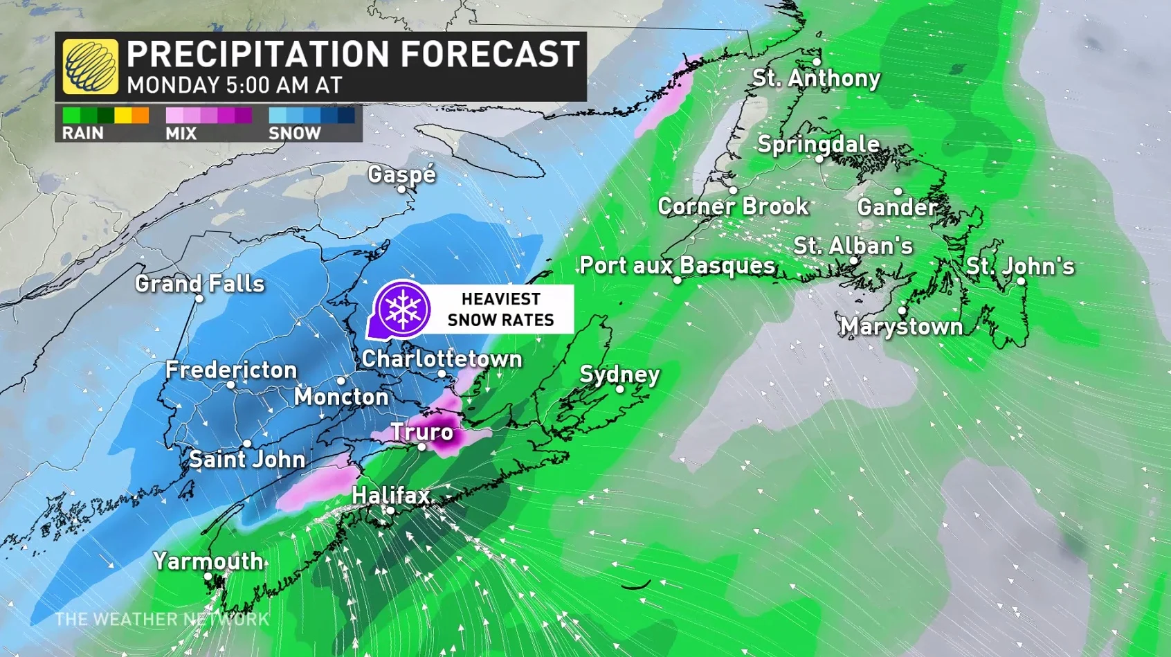 Atlantic Canada precipitation timing Monday morning Jan. 19