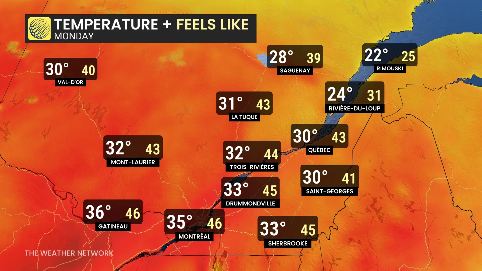 Quebec Monday temperatures+feels-like values