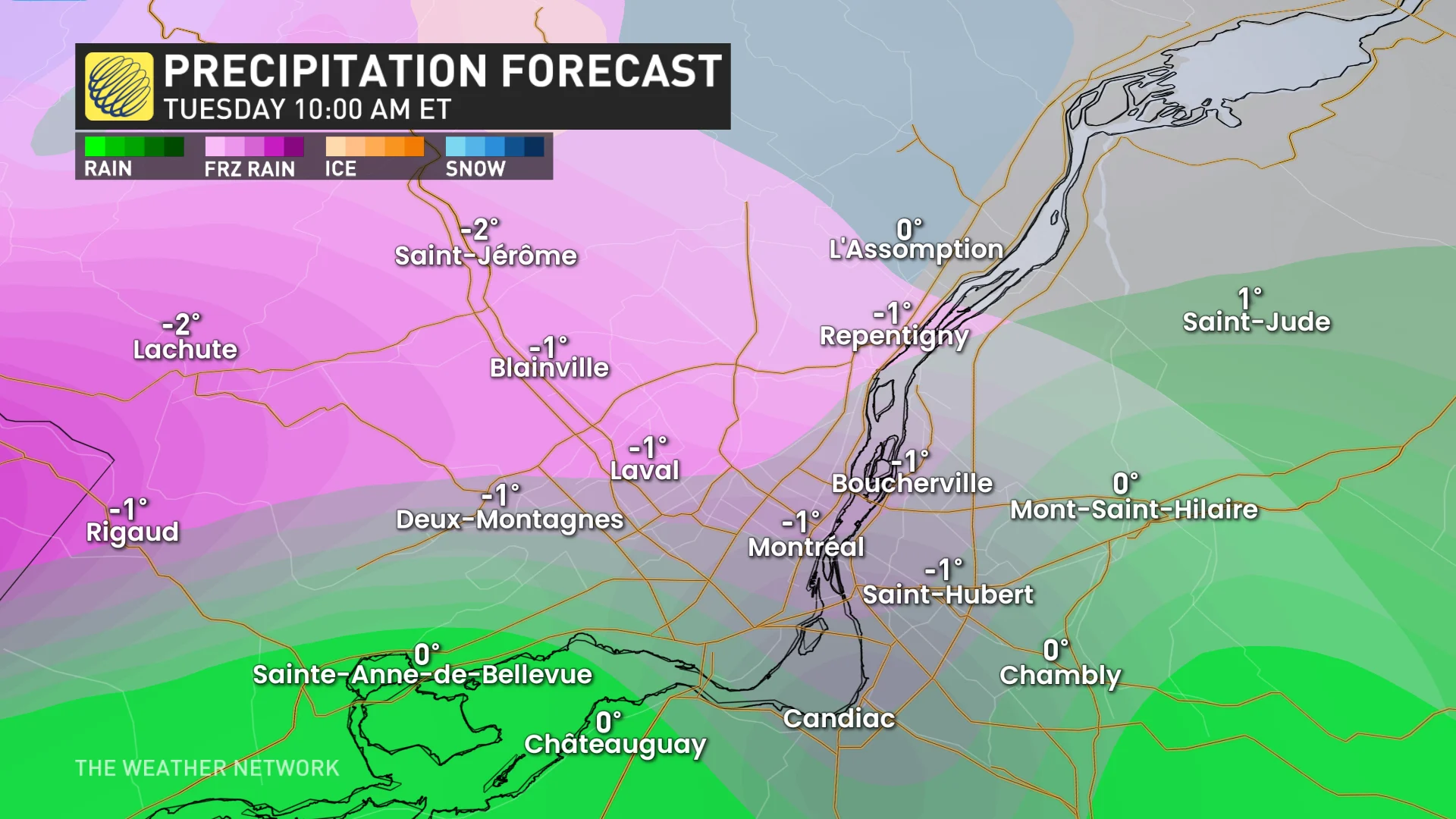 Southern Quebec precipitation timing Tuesday morning