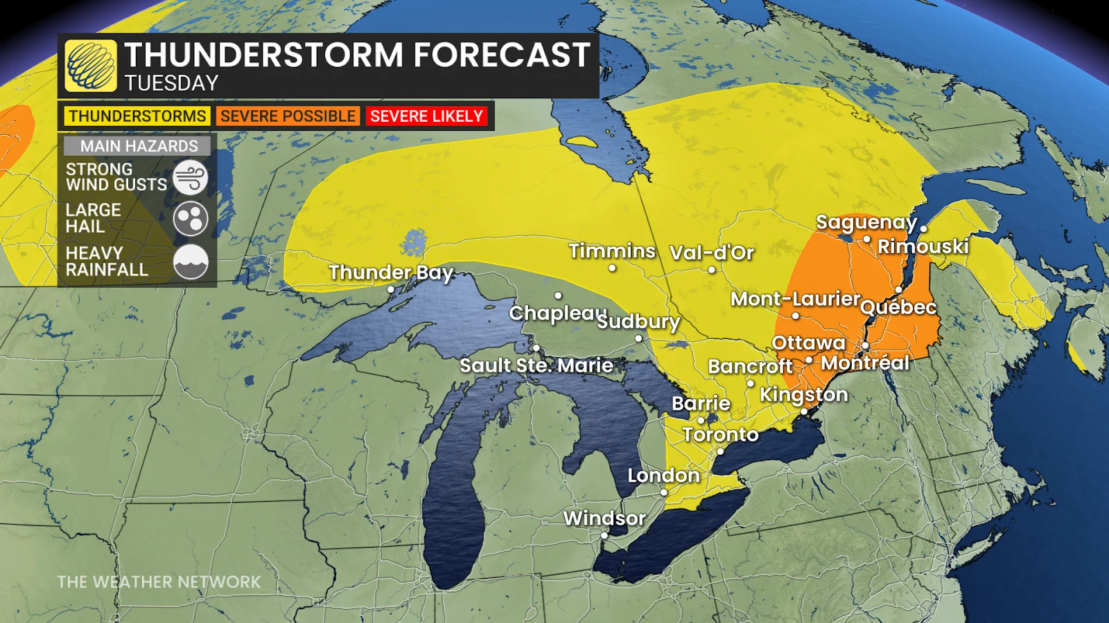 Ontario Quebec thunderstorm forecast Tuesday