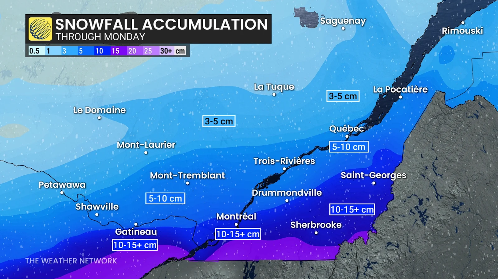 Quebec snowfall through Monday