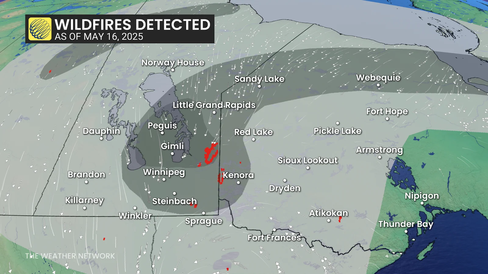 Manitoba, NWO detected wildfires map - May 16, 2025