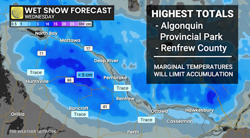 Wednesday. Nov. 5, 2025: Snowfall forecast southern Ontario, including Ottawa