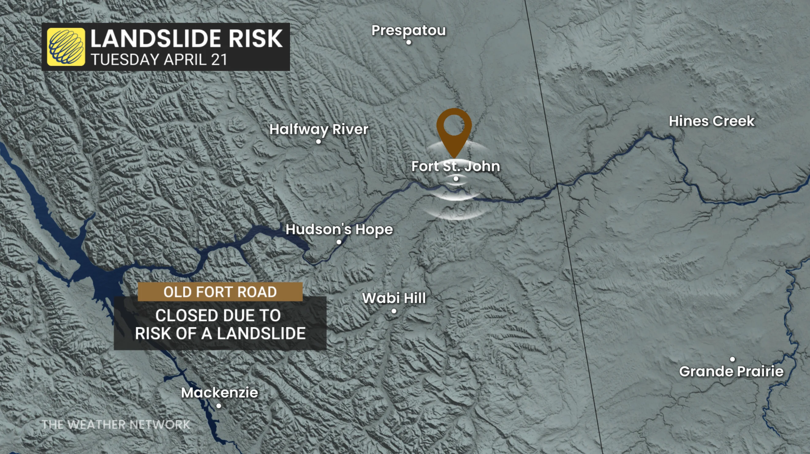 April 21, 2026: Site of landslide near Fort St. John, B.C.