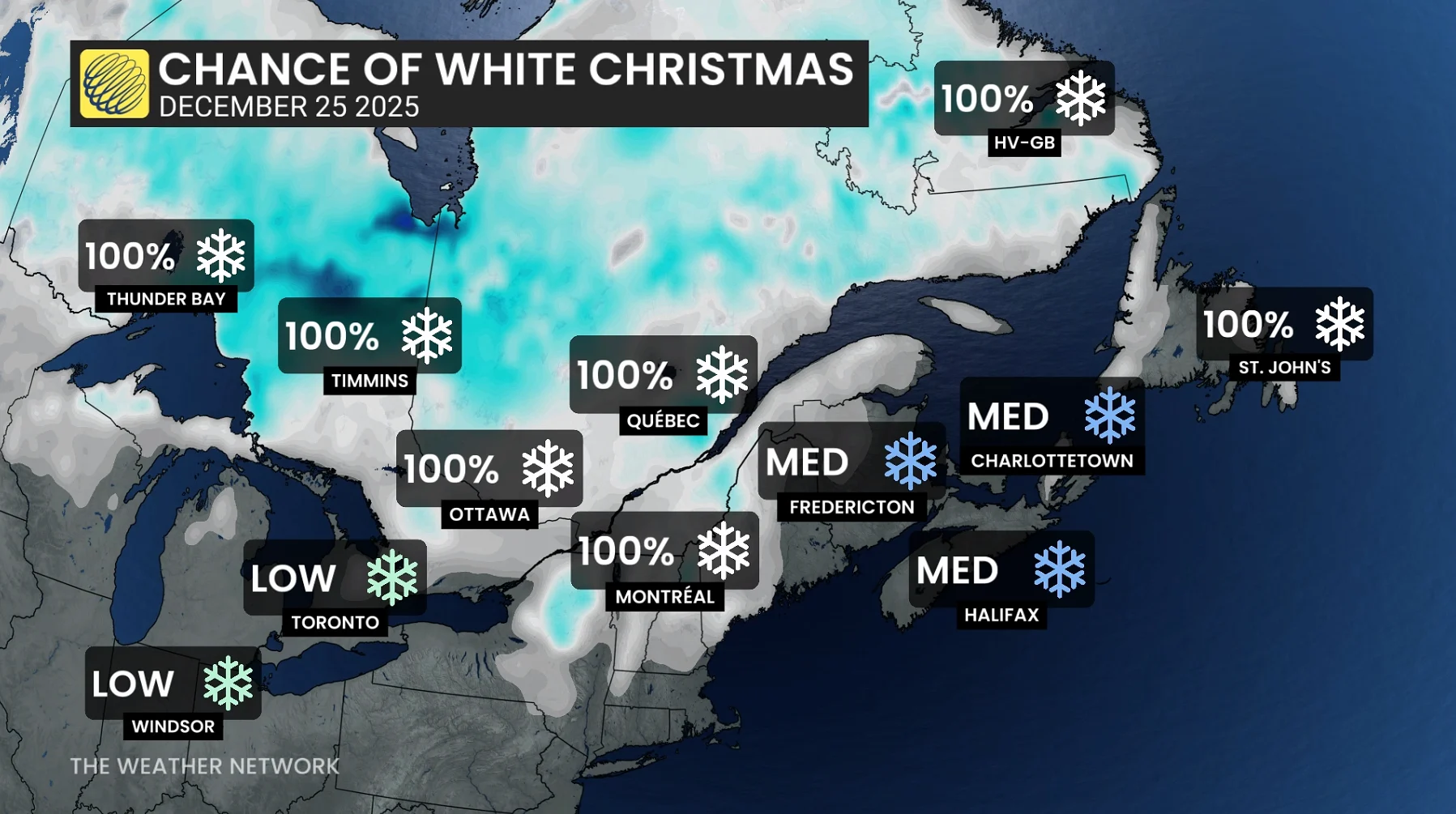 Eastern Canada chances of a white Christmas
