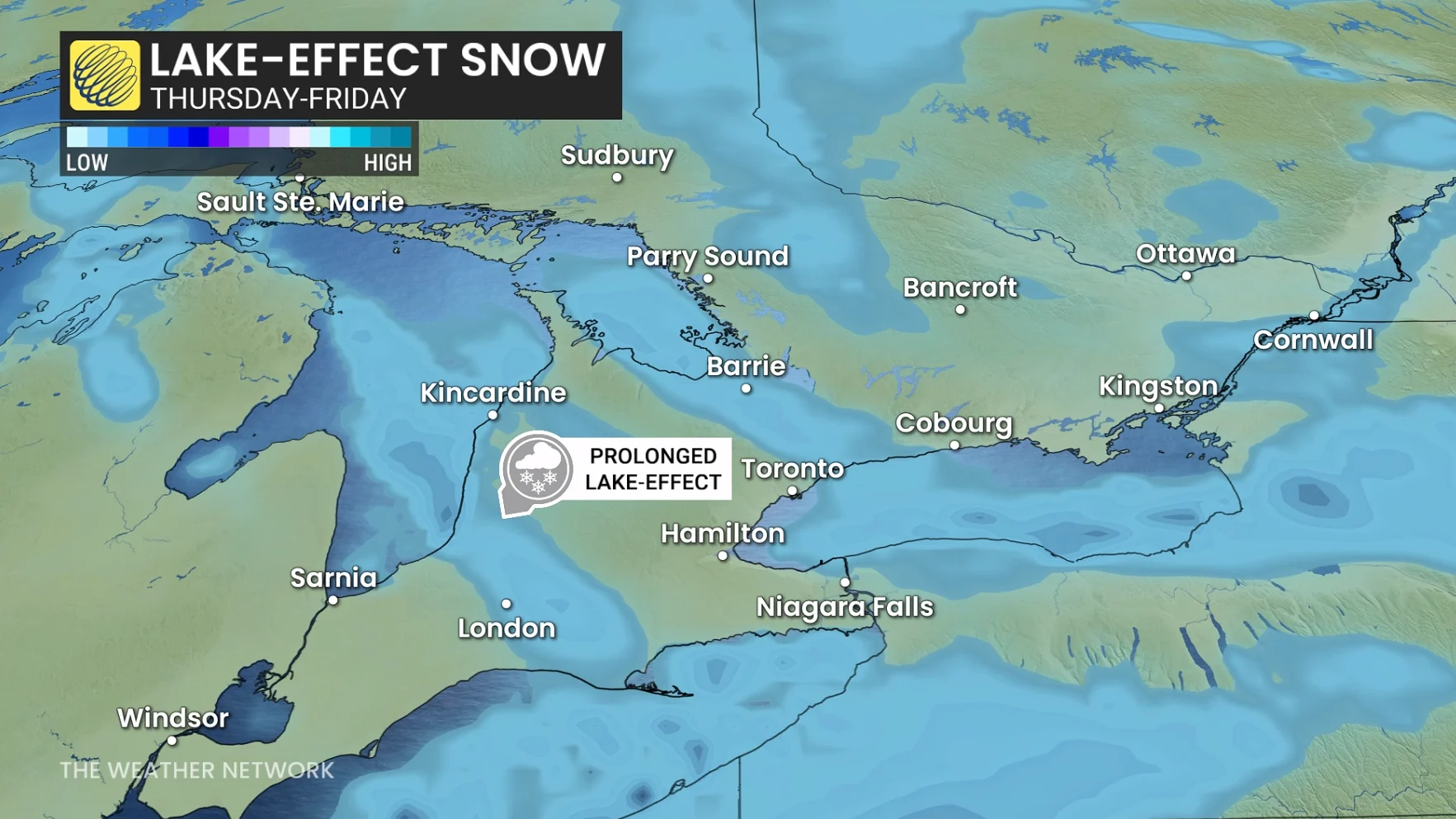 Southern Ontario lake-effect snow setup this week