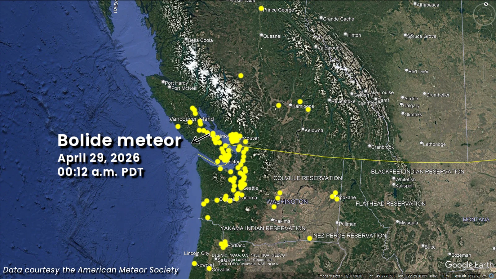 April-29-2026-Bolide-meteor-trajectory-and-reports-map