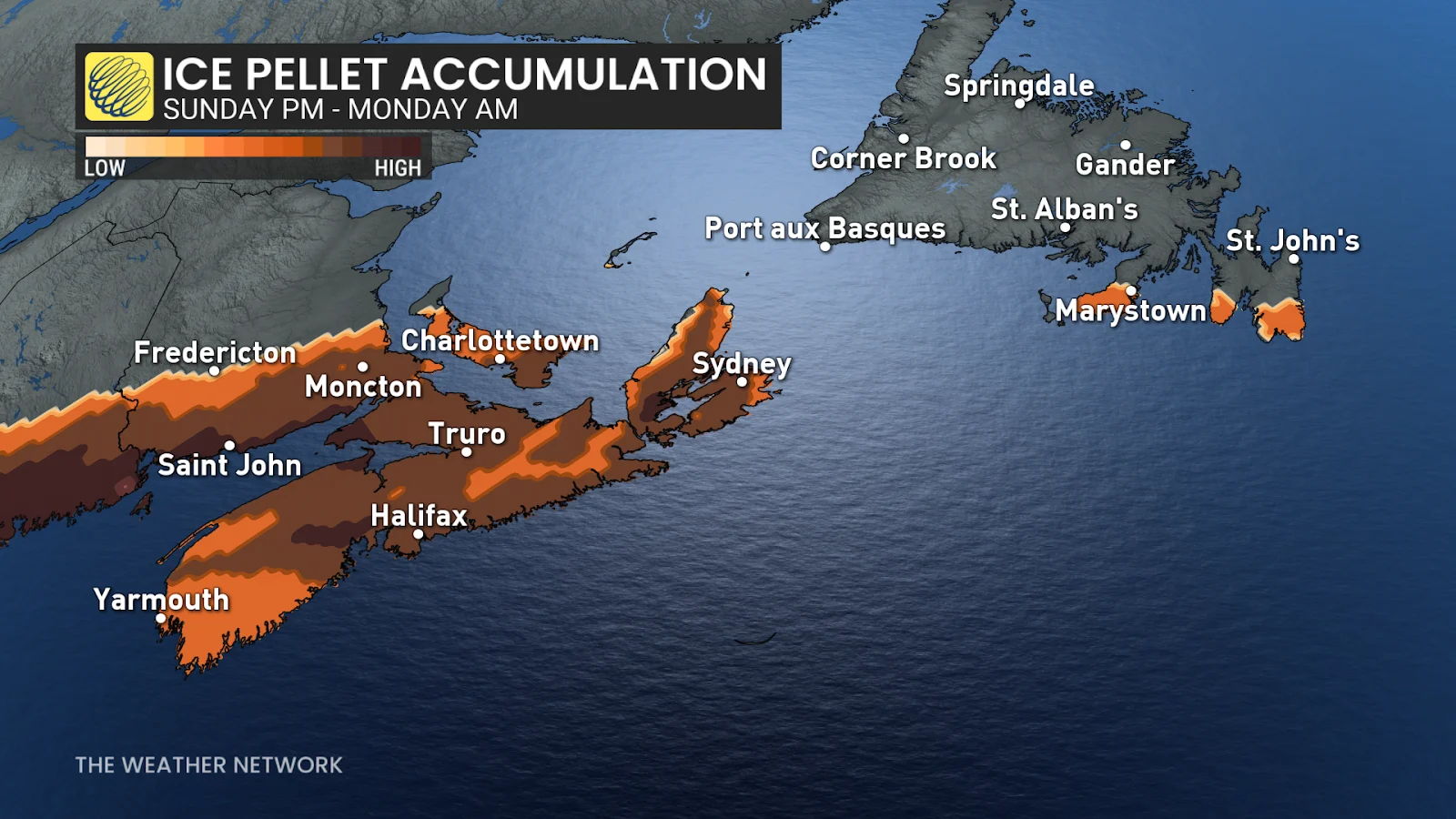 Atlantic Canada ice pellets through Monday