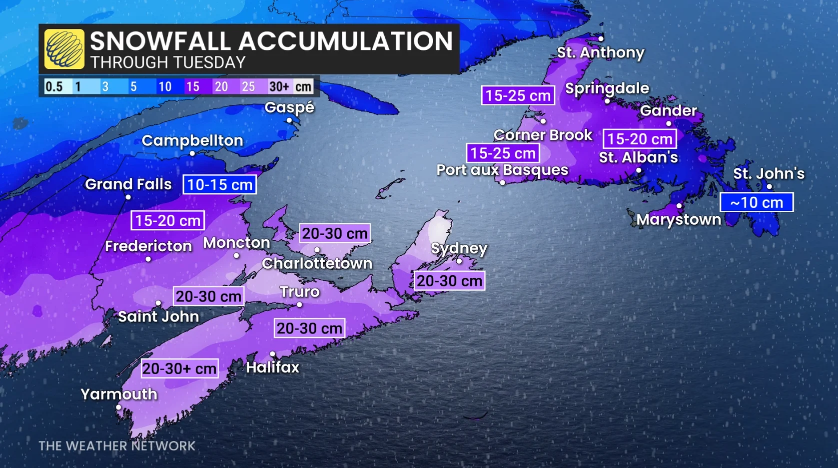Atlantic Canada snowfall outlook through Tuesday