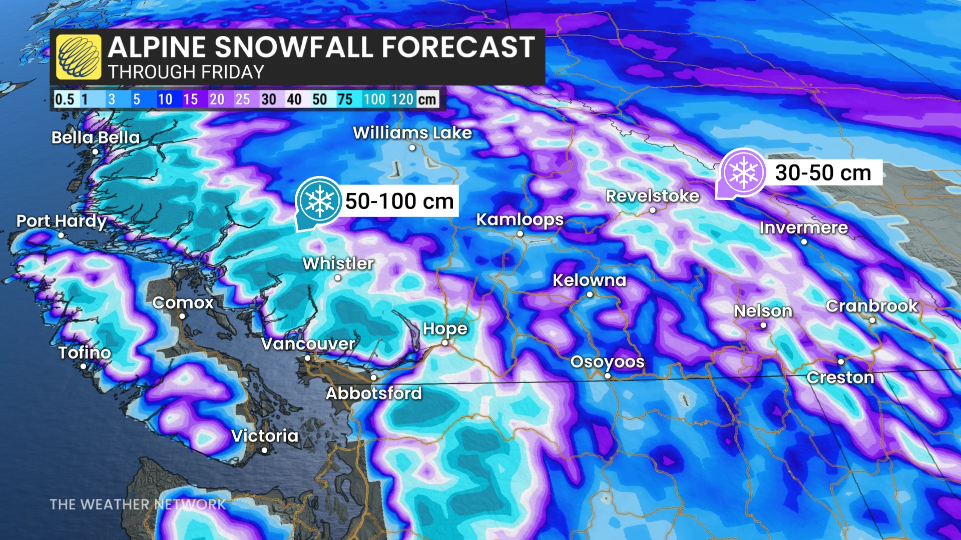 B.C. alpine snowfall through Friday
