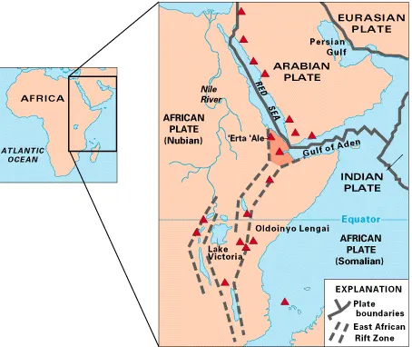 USGS - Tectonical map of East Africa: A map of East Africa showing some of the historically active volcanoes (as red triangles) and the Afar Triangle (shaded at the center), which is a so-called triple junction (or triple point) where three plates are pulling away from one another: the Arabian plate and two parts of the African plate—the Nubian and Somali—splitting along the East African Rift Zone