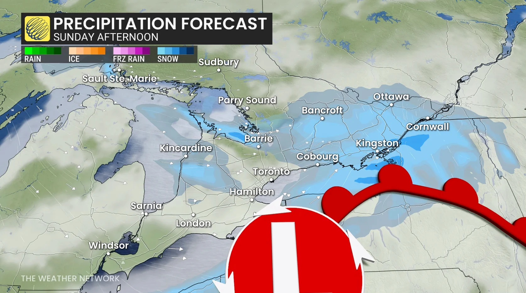 Ontario precipitation timing Sunday afternoon