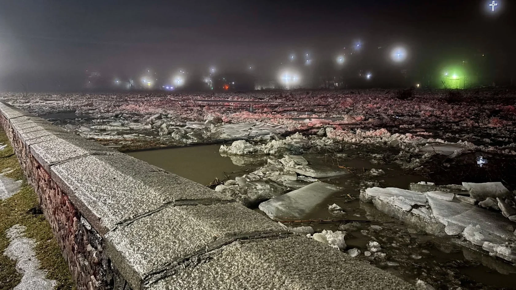 UGC: Ice jams against a stone floodwall in Beaceville, Que., on March 17, 2025.  (Submitted by Sébastien Roy | Cool FM Mix 99.7)