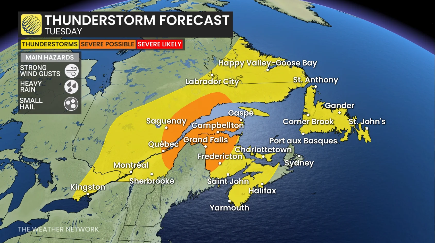 Eastern Canada storm risk map Tuesday