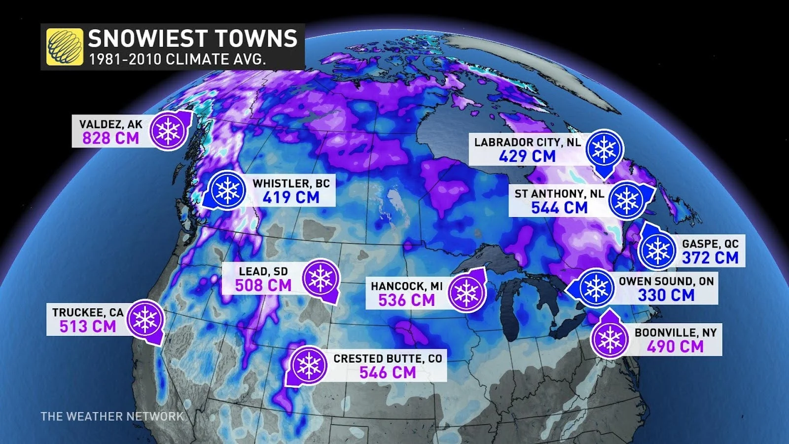 snowiest towns us canada
