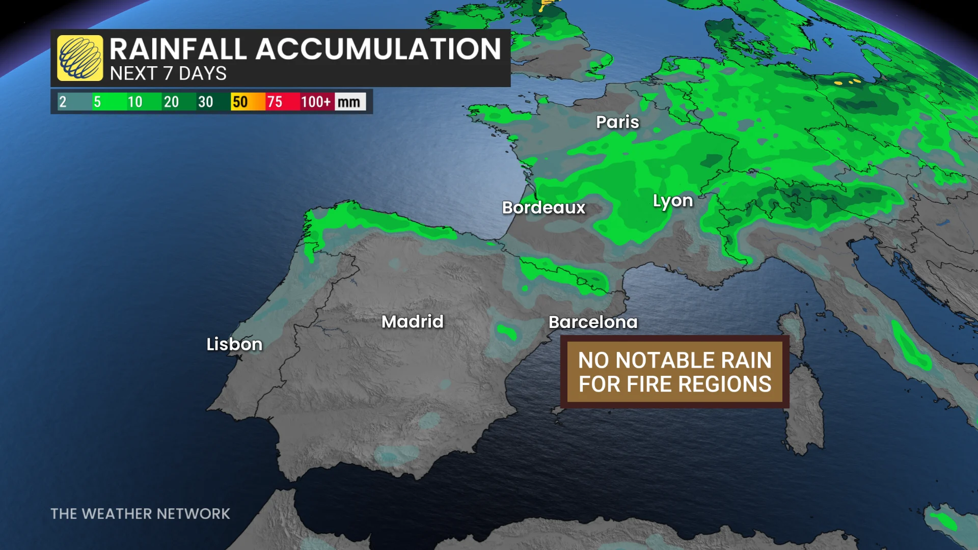 Spain and France forecast 7-day precipitation - July 29, 2026