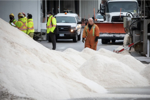 Ben Nelms/CBC: City of Vancouver workers prepare salt in preparation for an incoming snowstorm in Vancouver, British Columbia, on Tuesday, Jan. 4, 2022. According to Wood, it's already known that high concentrations of salt washed into streams can be harmful to salmon. (Ben Nelms/CBC)