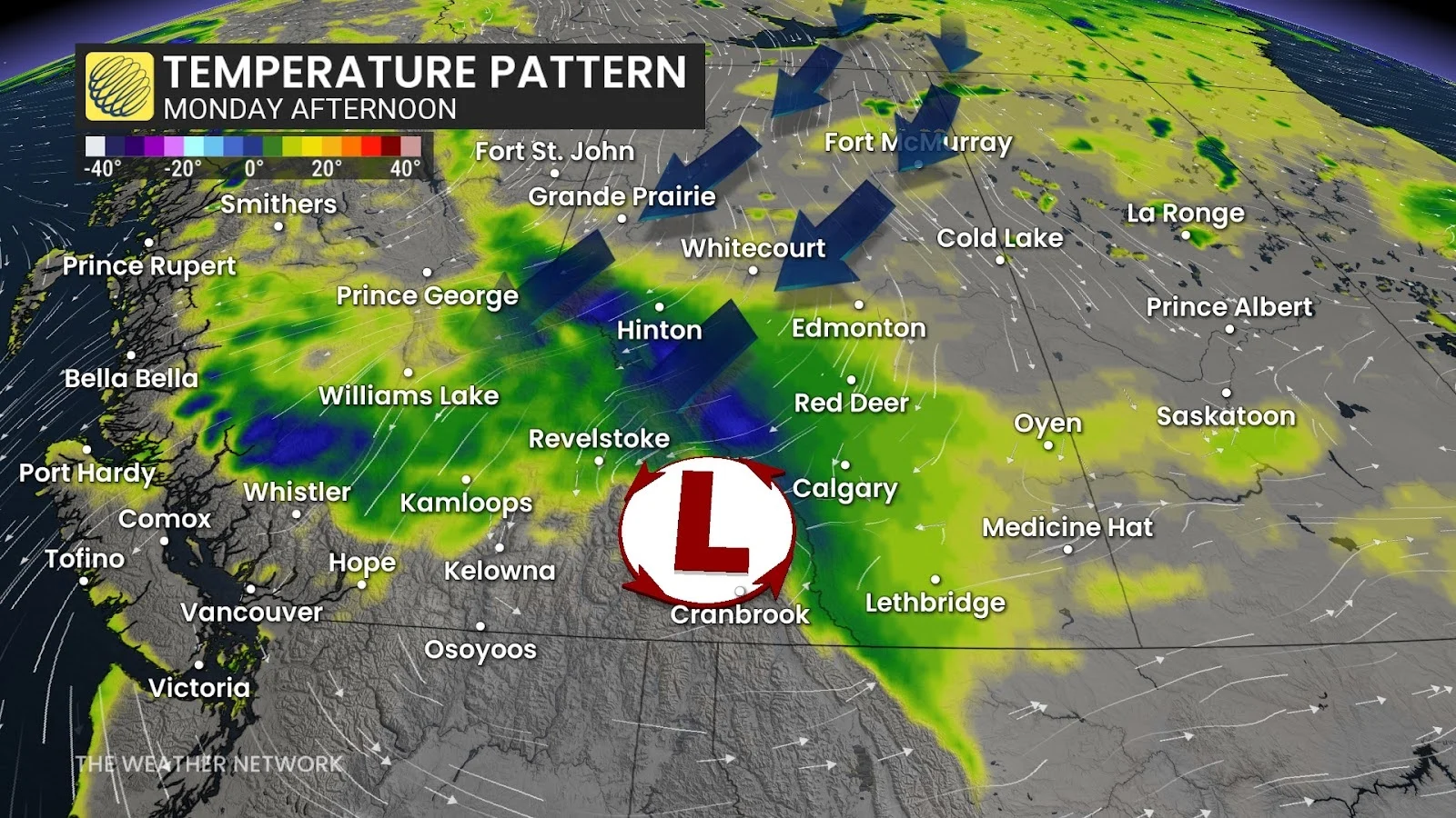 Alberta temperature pattern Monday
