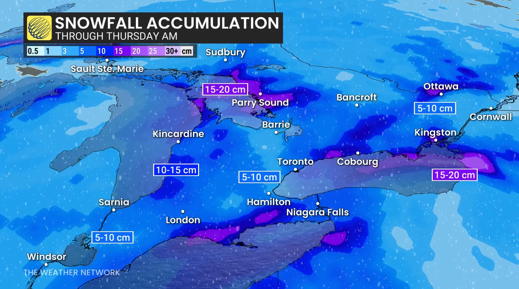 Ontario snowfall through Thursday morning