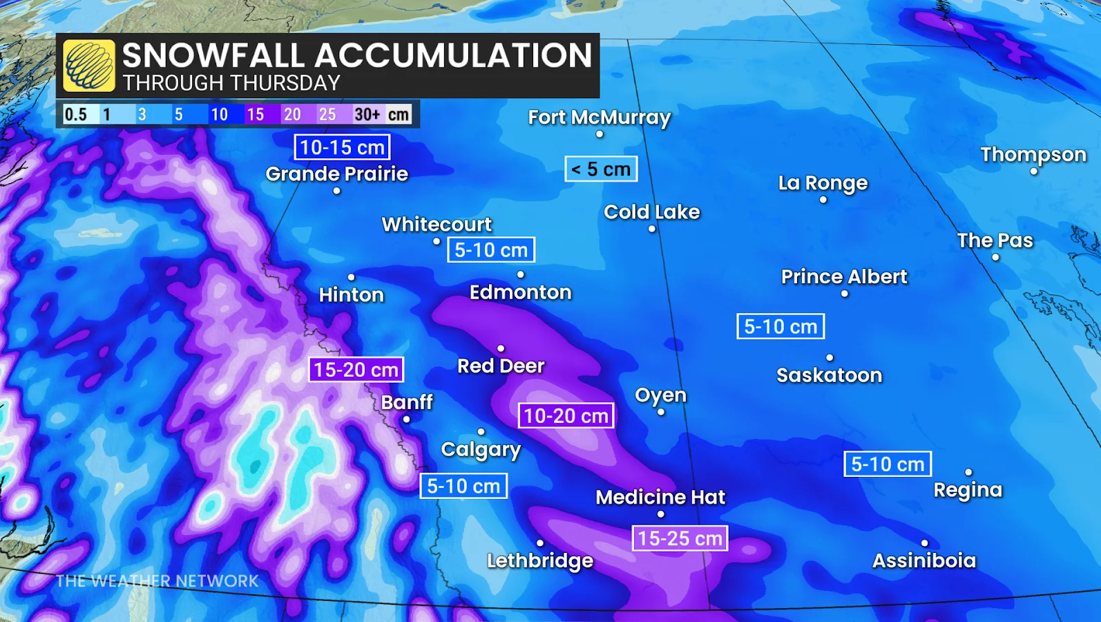 Alberta, Saskatchewan, Snowfall, Snow, Storm, Cold, December 10, 2025. (The Weather Network)