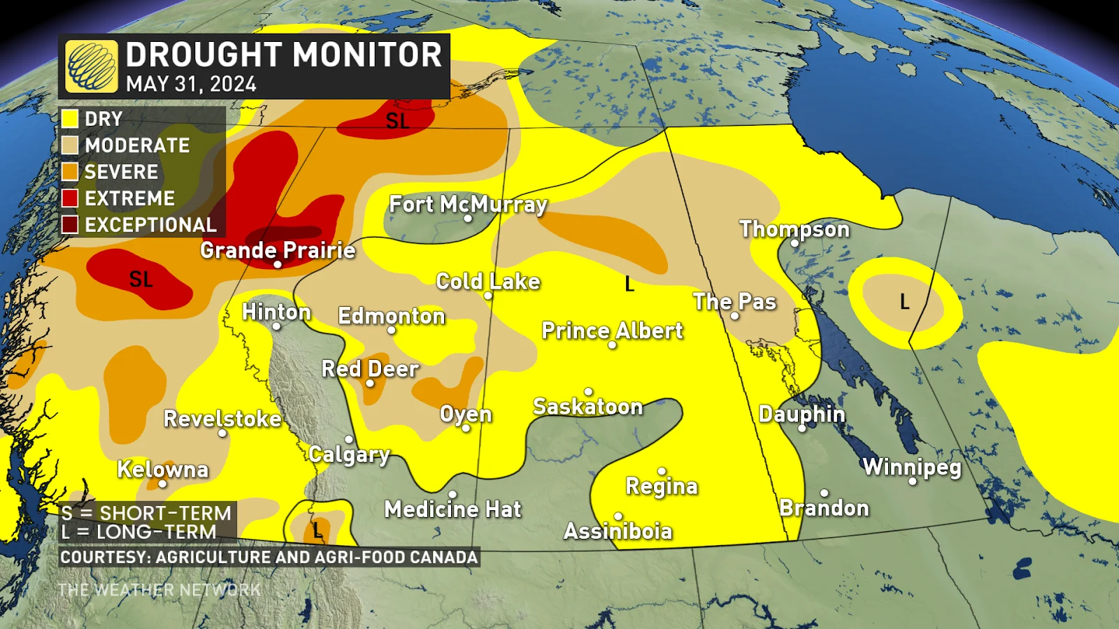 Western Canada drought monitor as of May 31, 2024