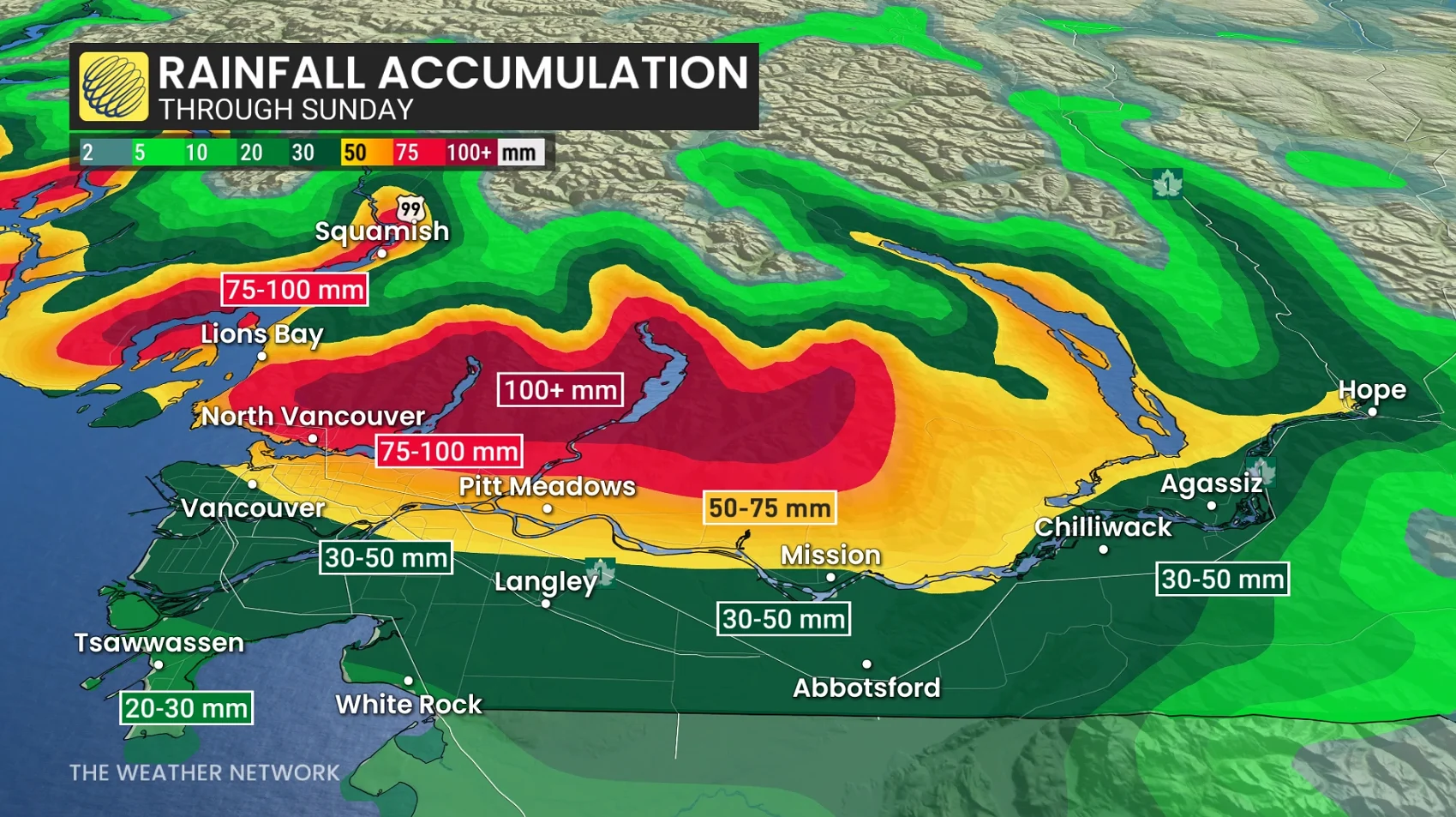 B.C. South Coast rainfall map through Sunday