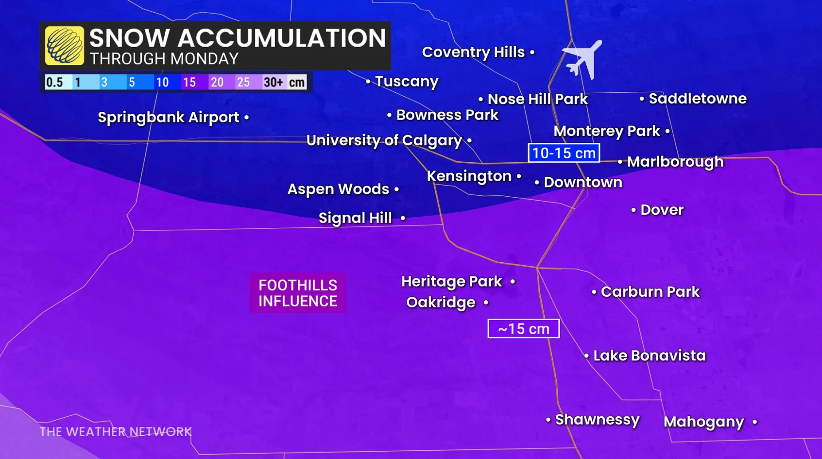 Calgary local snowfall through Monday