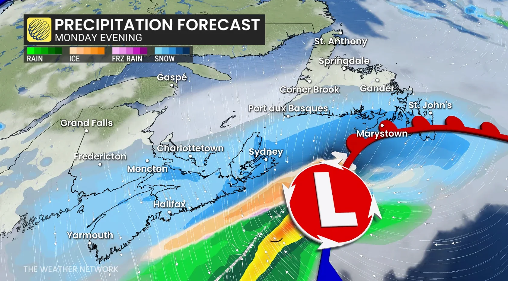 Atlantic Canada precipitation forecast Monday evening