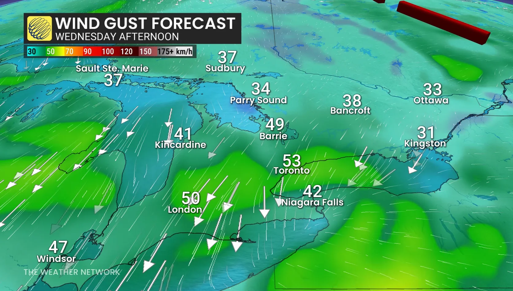 Ontario wind gusts Wednesday afternoon