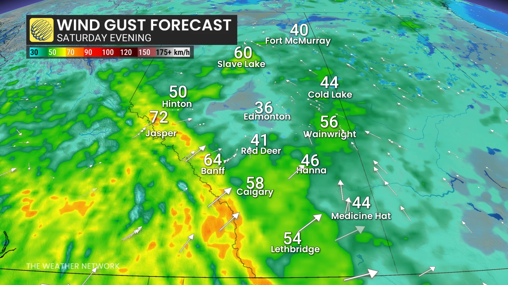 Alberta wind gust forecast Saturday evening