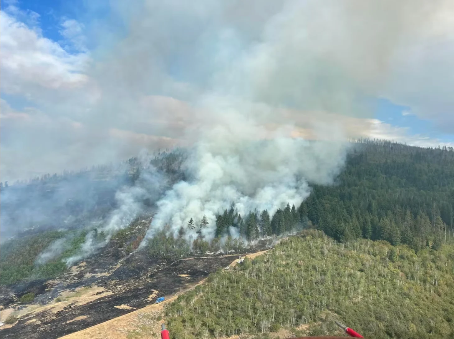 B.C. WILDFIRE SERVICE - free to use: The Bradley Creek wildfire burns west of Vernon, B.C., on Saturday, Aug. 1, 2026. (B.C. Wildfire Service)