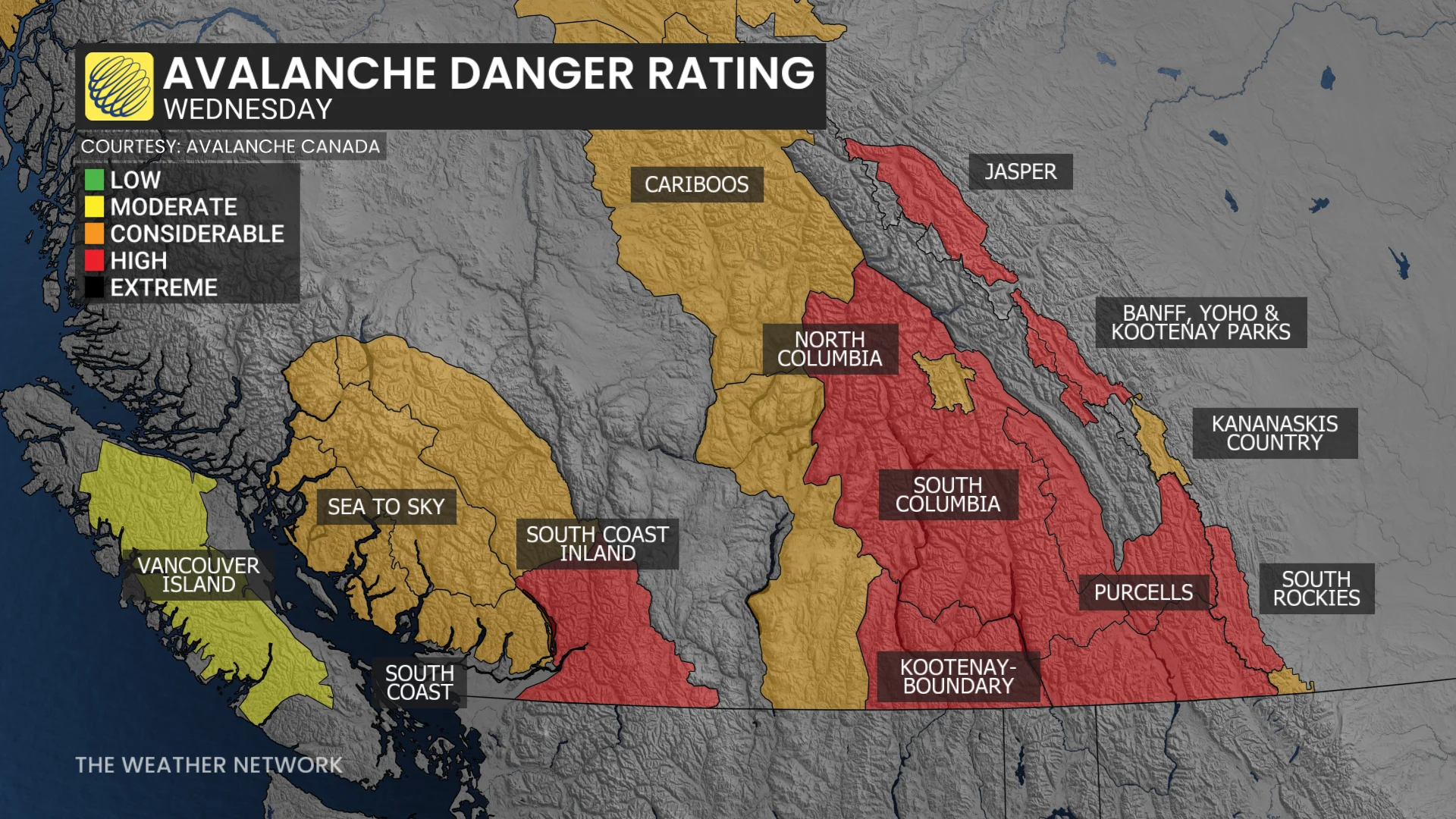 B.C. avalanche danger rating Wednesday
