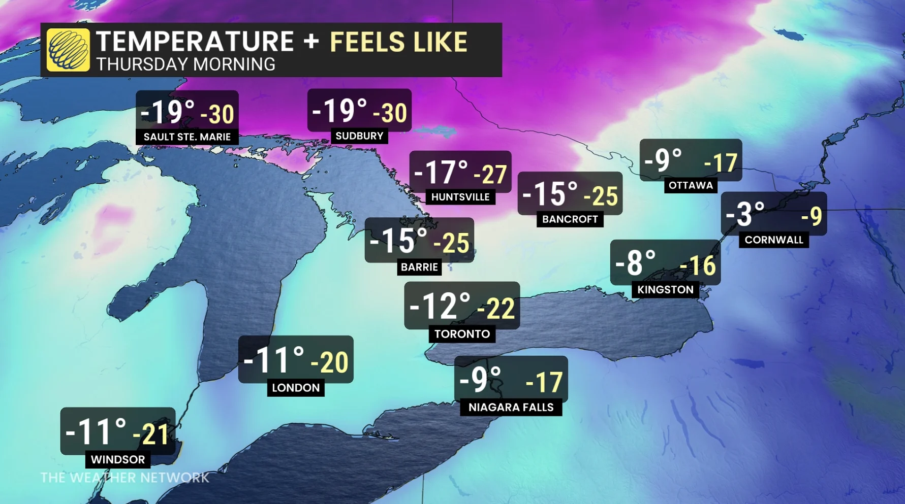 Baron - Ontario Thursday morning temperatures - Jan 14