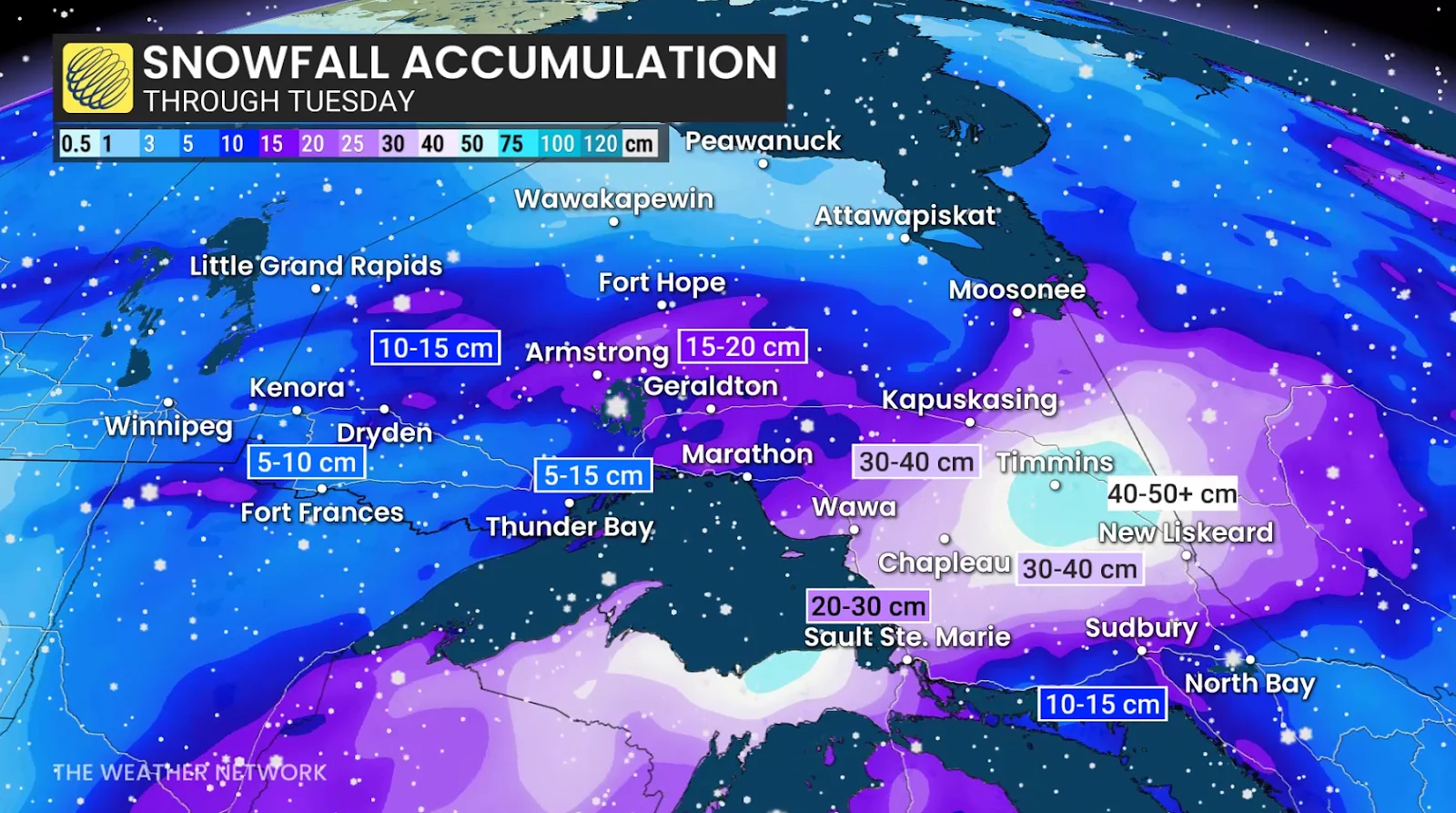 Northern Ontario forecast snowfall through Tuesday - Dec. 27, 2025