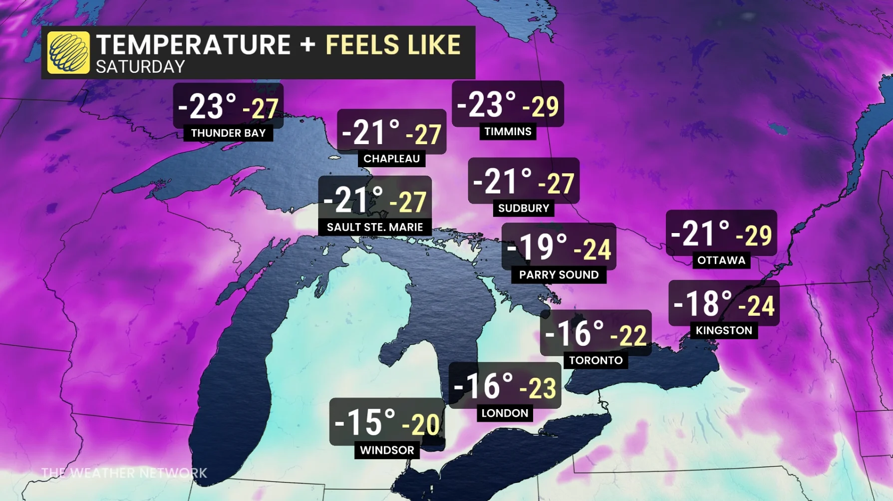 Ontario temperatures and wind chills Saturday