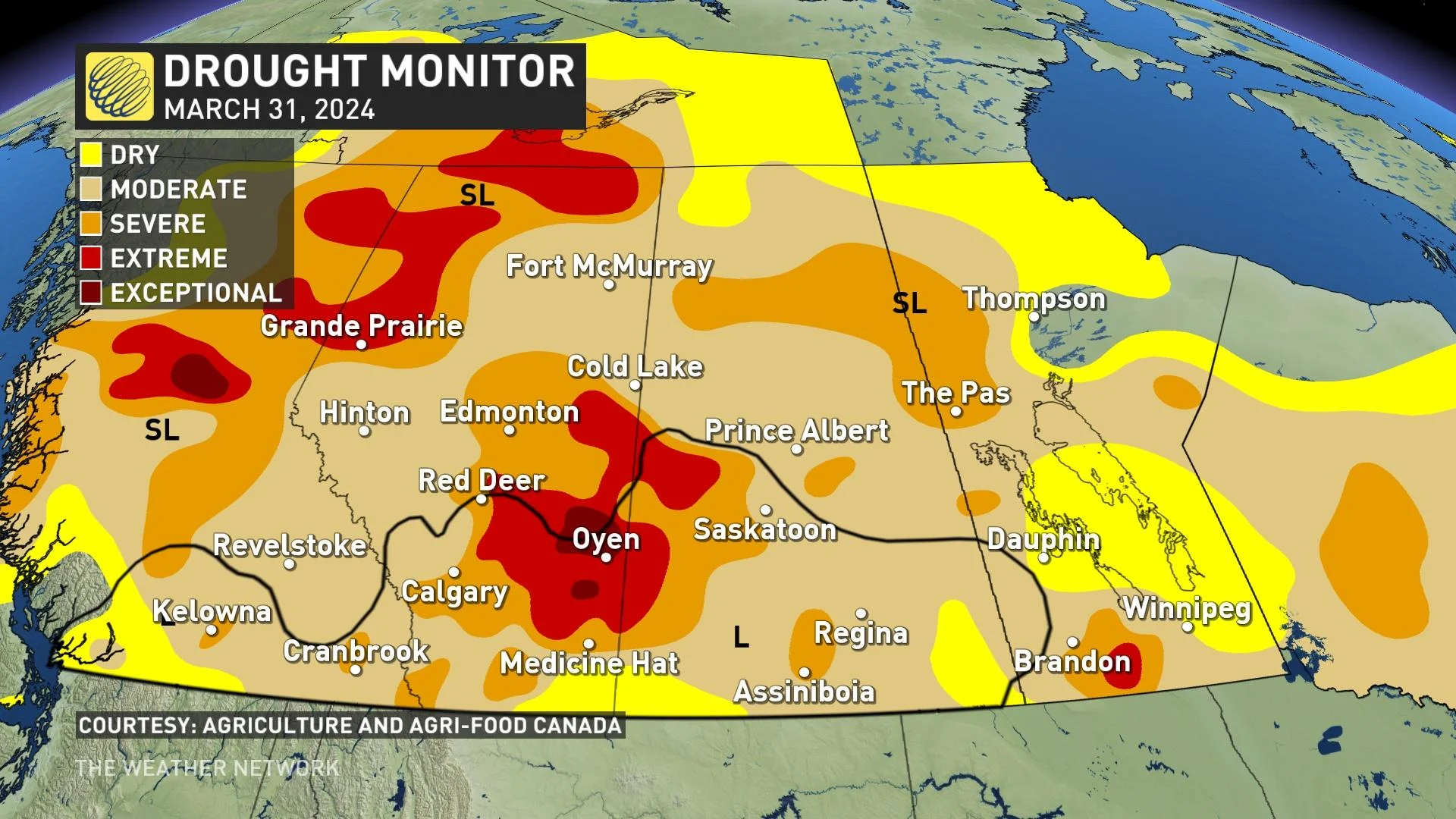 Prairies drought monitor map (March 31) April 14 update