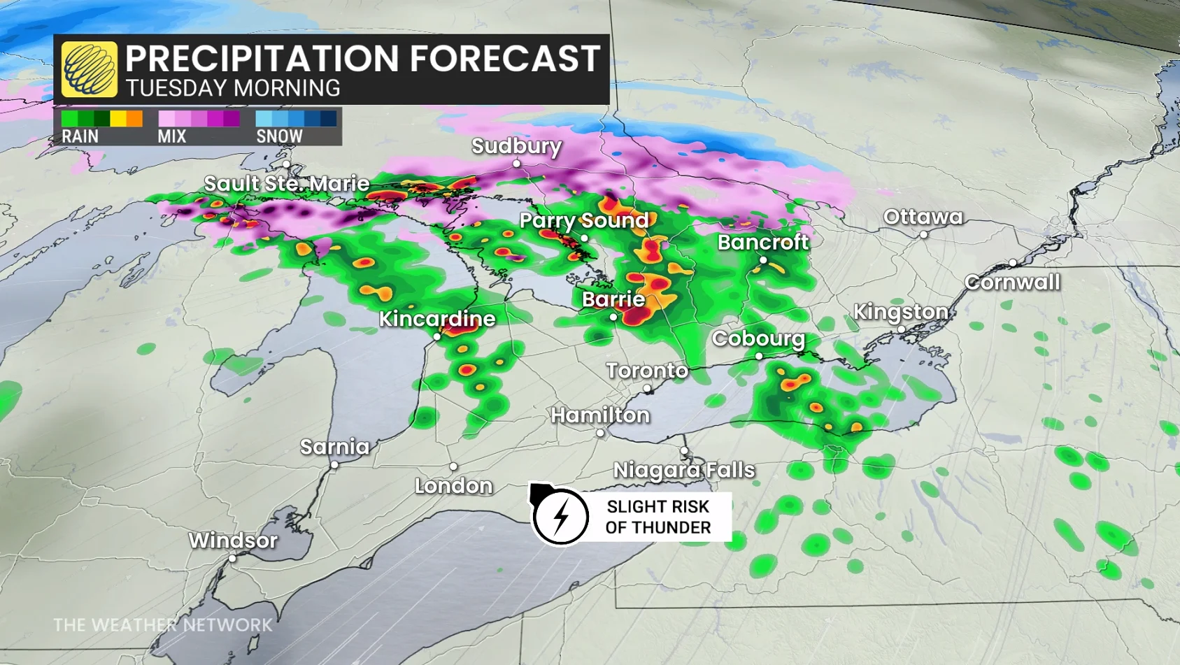 Ontario precipitation timing Tuesday morning