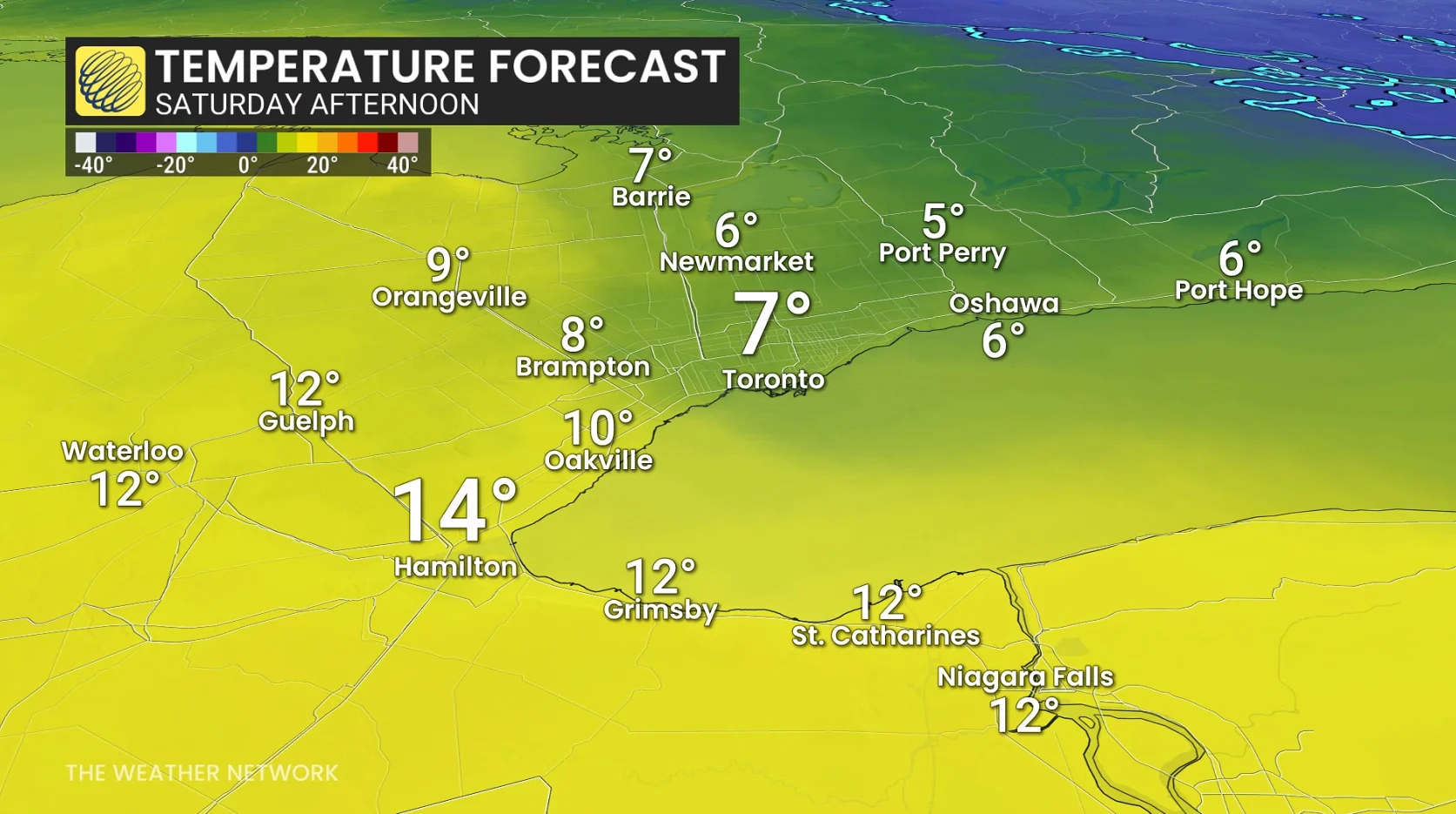 GTA-southern Ontario temperature contrast Saturday afternoon