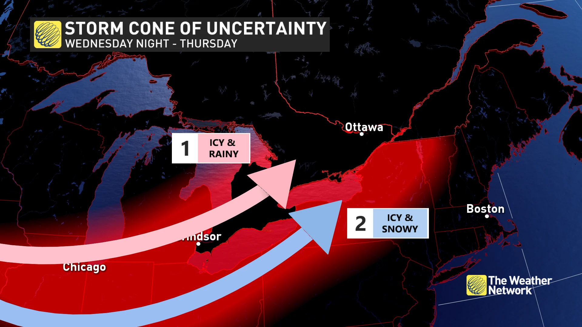 Storm cone of uncertainty in Ontario Wednesday night to Thursday