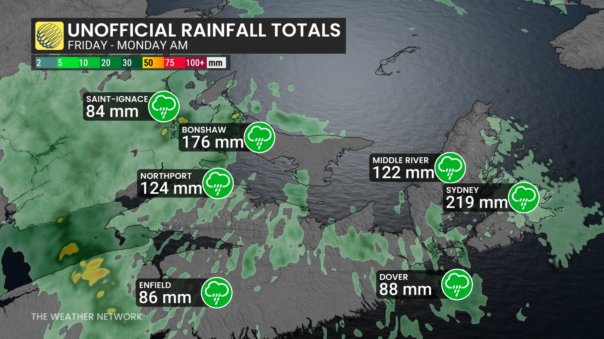 Nova Scotia rainfall summary (Sept 7) Friday to Monday morning