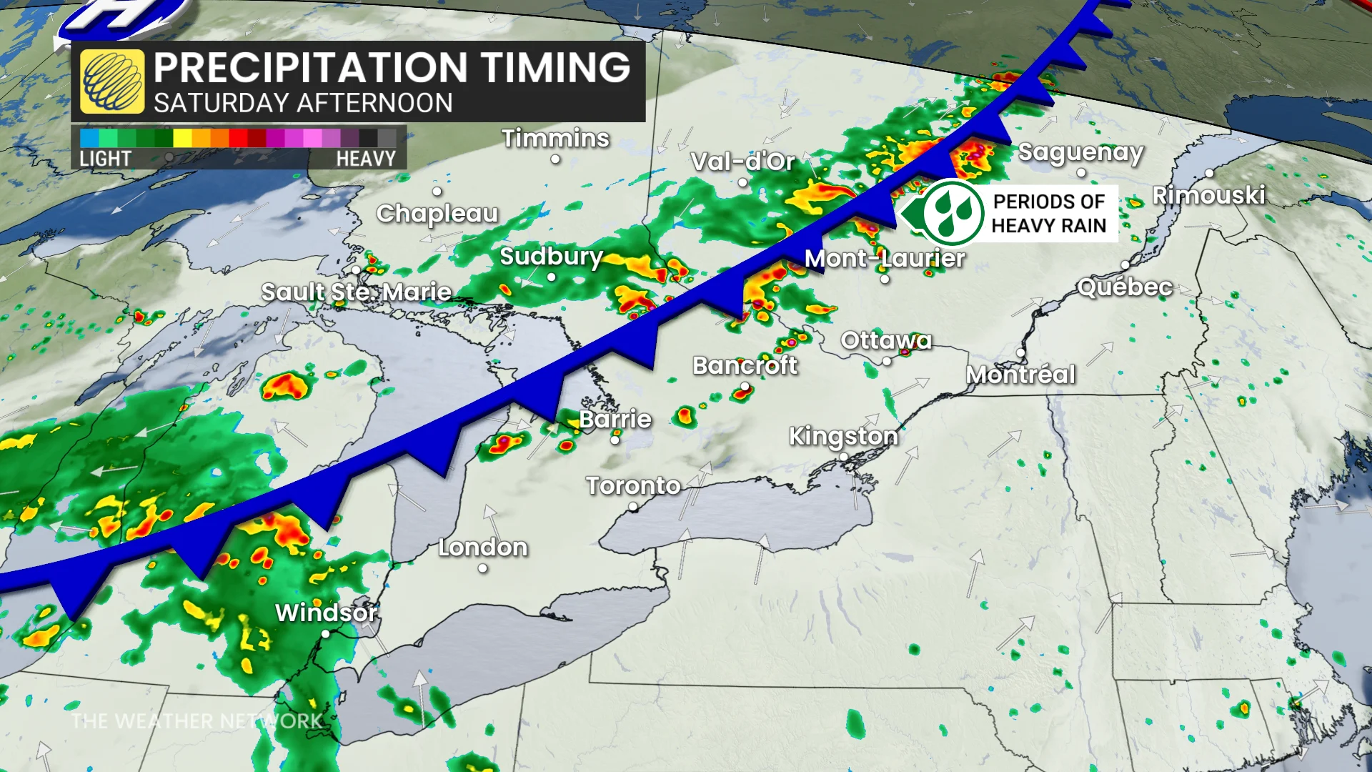Ontario precipitation timing Saturday afternoon